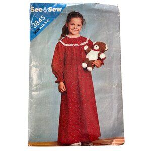 Butterick See & Sew 3845 Childrens Nightgown Pattern Size A 2-3-4 Vintage CUT
